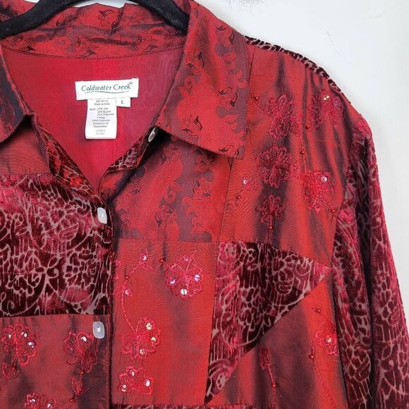 Coldwater Creek Silk Velvet Burnout Button Up Top Size L Red Embroidered Artsy - Picture 3 of 7